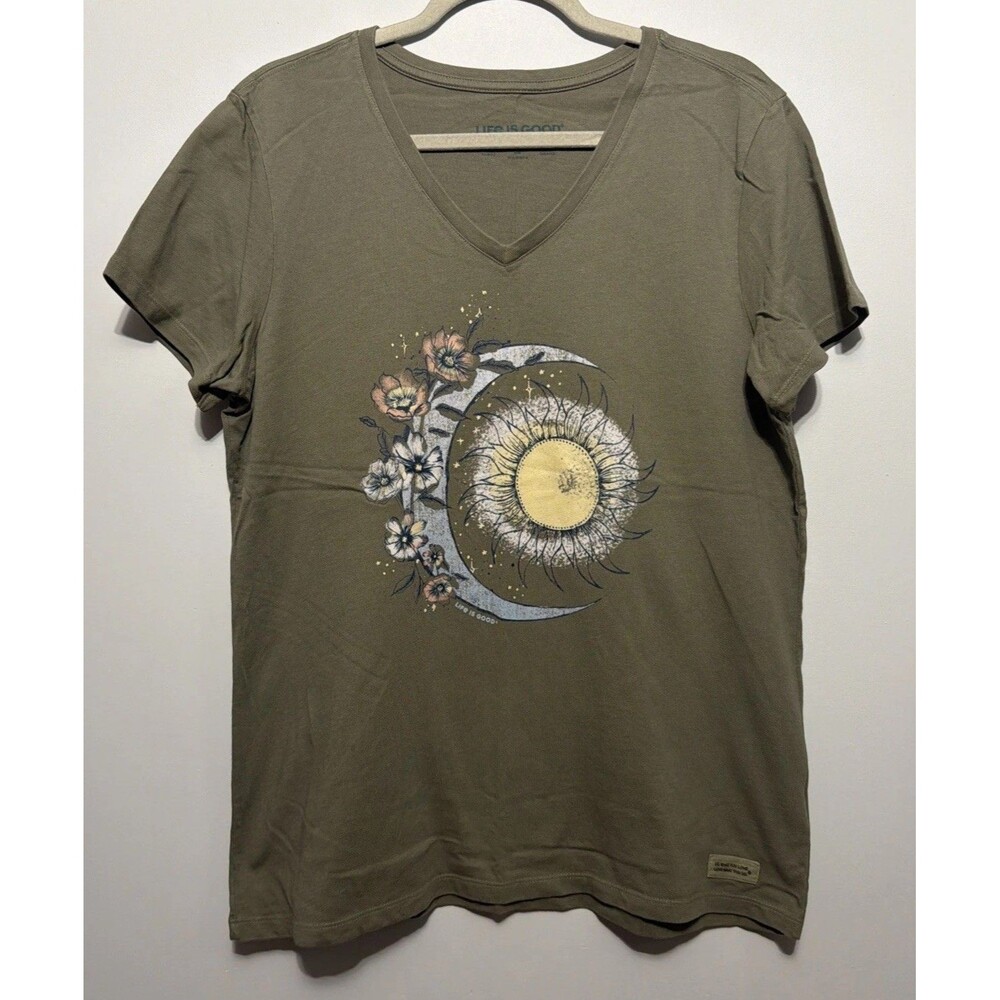 Life Is Good Women's Moon Flower Short Sleeve Olive Green Shirt V-neck L Cotton